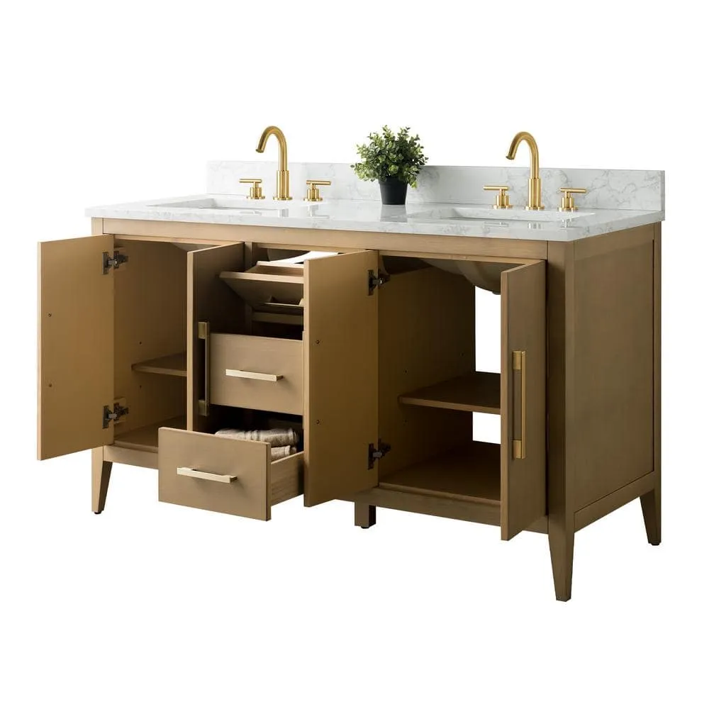 Vanity Art 60 in. W x 22 in. D x 34 in. H Double-Sink Bathroom Vanity in Natural Oak with Engineered Marble Top in Arabescato White, photo 8 of 12