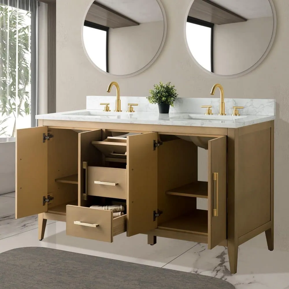 Vanity Art 60 in. W x 22 in. D x 34 in. H Double-Sink Bathroom Vanity in Natural Oak with Engineered Marble Top in Arabescato White, photo 4 of 9