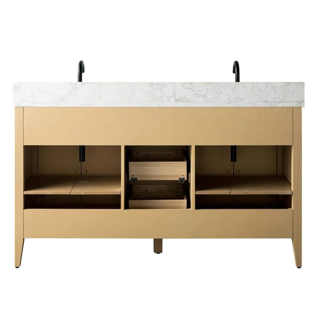 Vanity Art 60 in. W x 22 in. D x 34 in. H Double-Sink Bathroom Vanity in Natural Oak with Engineered Marble Top in Arabescato White, photo 9 of 12