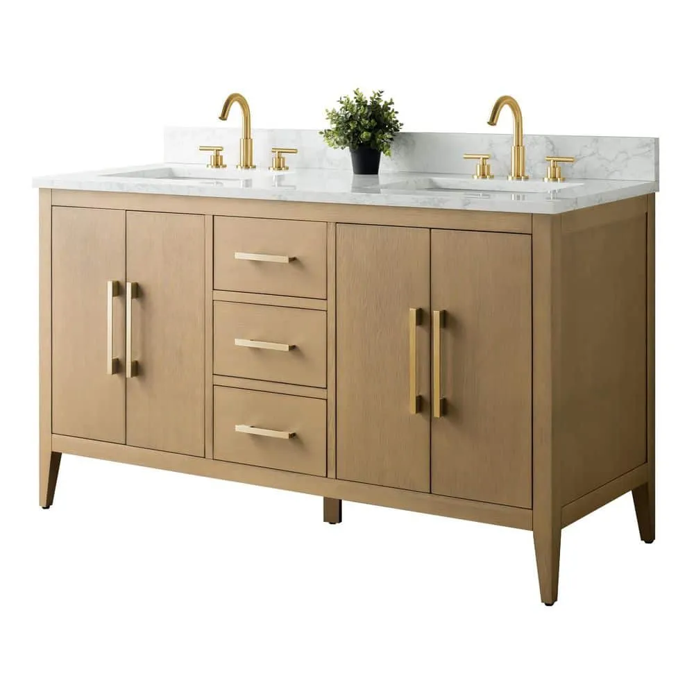 Vanity Art 60 in. W x 22 in. D x 34 in. H Double-Sink Bathroom Vanity in Natural Oak with Engineered Marble Top in Arabescato White, photo 6 of 9