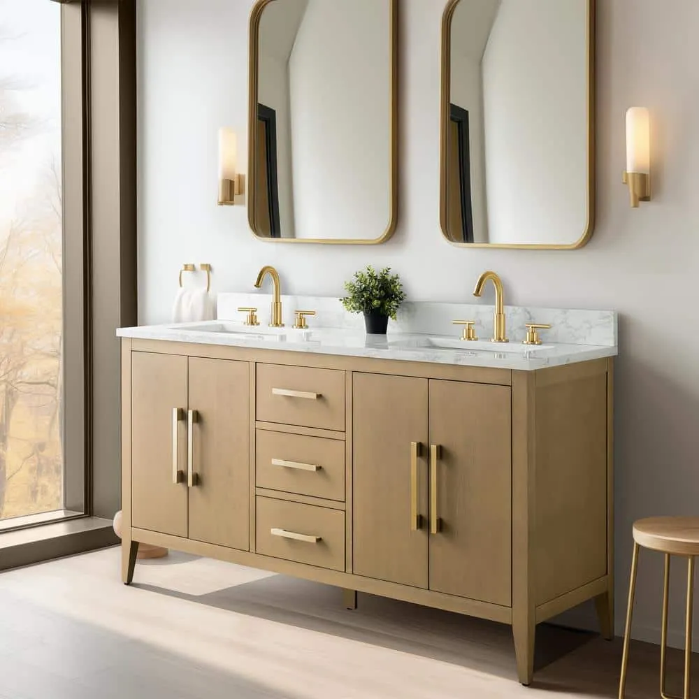 Vanity Art 60 in. W x 22 in. D x 34 in. H Double-Sink Bathroom Vanity in Natural Oak with Engineered Marble Top in Arabescato White, photo 7 of 12