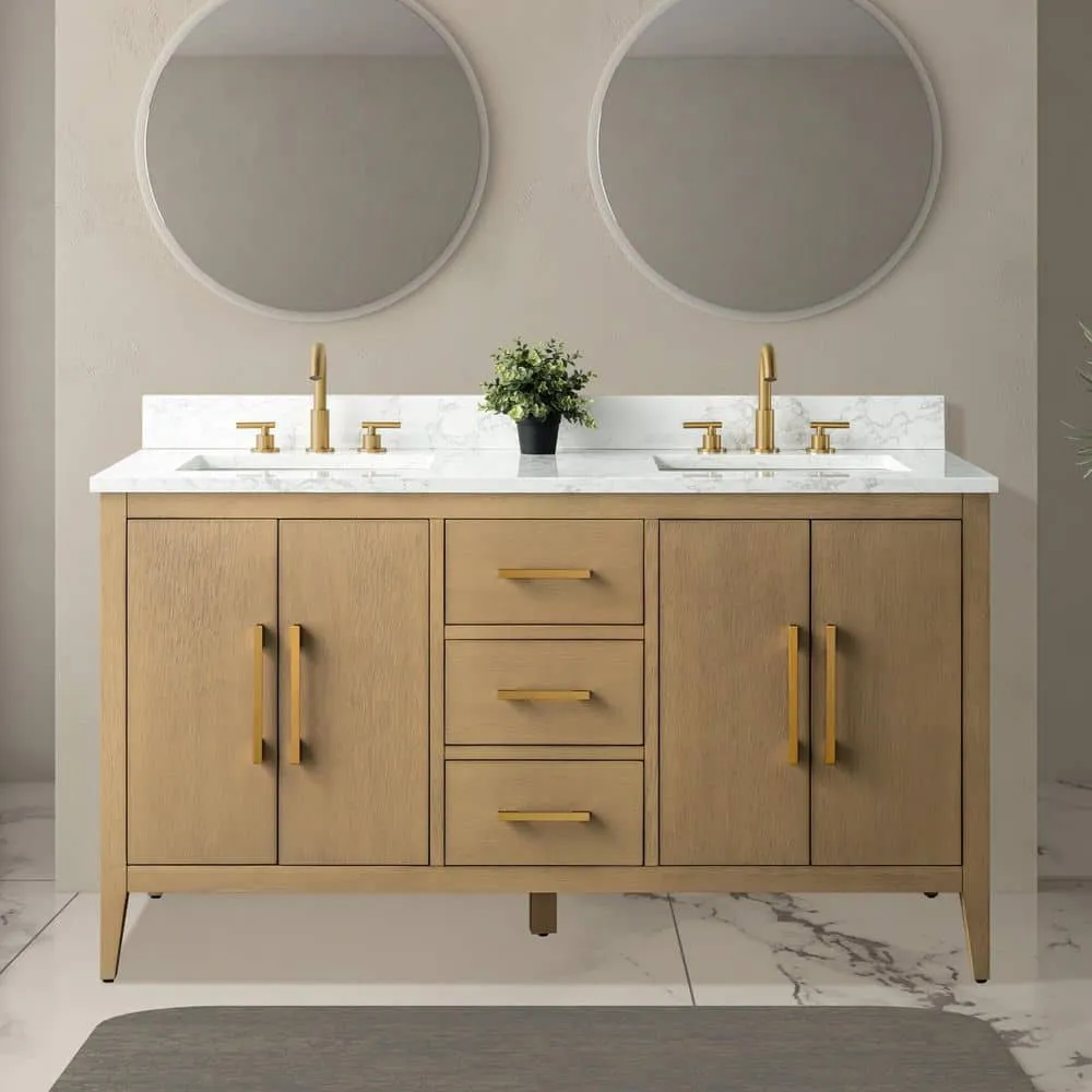 Vanity Art 60 in. W x 22 in. D x 34 in. H Double-Sink Bathroom Vanity in Natural Oak with Engineered Marble Top in Arabescato White, photo 2 of 9