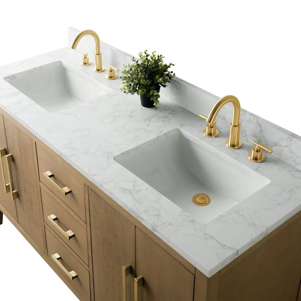 Vanity Art 60 in. W x 22 in. D x 34 in. H Double-Sink Bathroom Vanity in Natural Oak with Engineered Marble Top in Arabescato White, photo 3 of 12