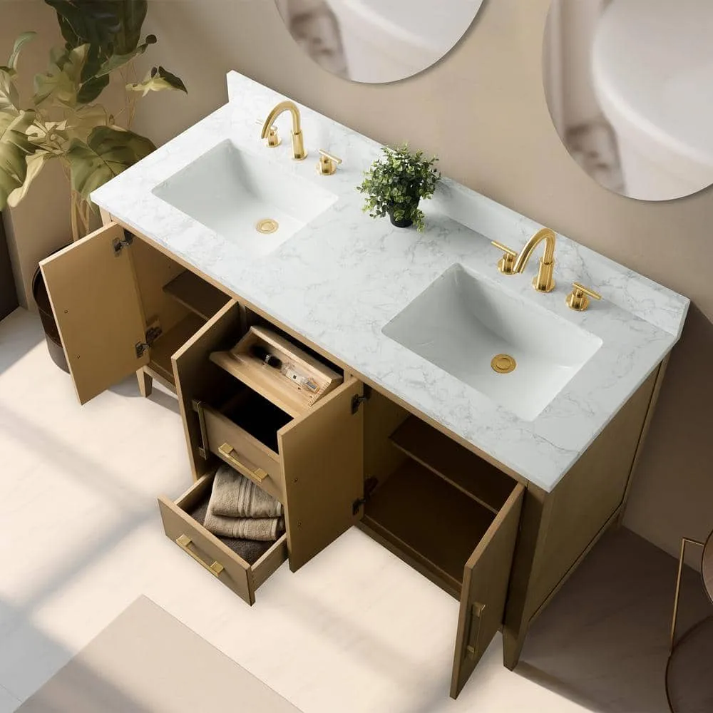 Vanity Art 60 in. W x 22 in. D x 34 in. H Double-Sink Bathroom Vanity in Natural Oak with Engineered Marble Top in Arabescato White, photo 6 of 12
