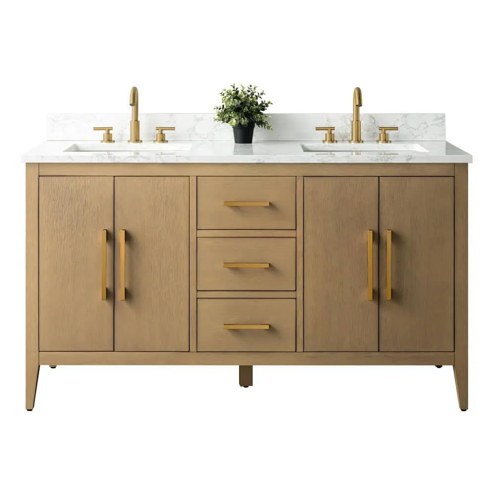 Vanity Art 60 in. W x 22 in. D x 34 in. H Double-Sink Bathroom Vanity in Natural Oak with Engineered Marble Top in Arabescato White, photo 5 of 9