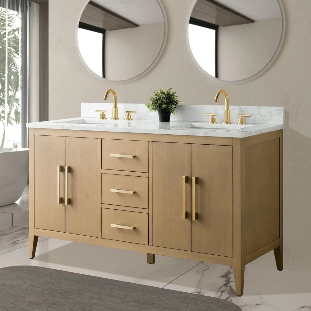 Vanity Art 60 in. W x 22 in. D x 34 in. H Double-Sink Bathroom Vanity in Natural Oak with Engineered Marble Top in Arabescato White, photo 3 of 9