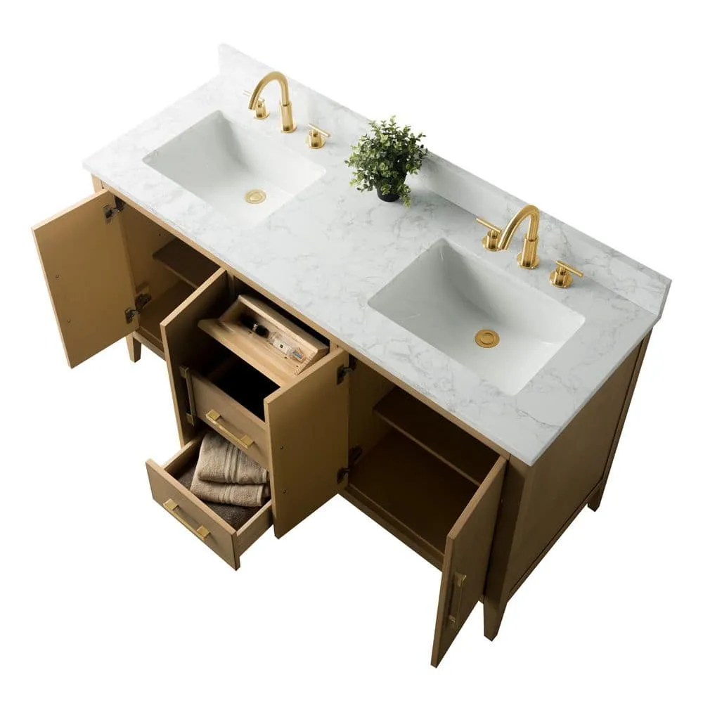 Vanity Art 60 in. W x 22 in. D x 34 in. H Double-Sink Bathroom Vanity in Natural Oak with Engineered Marble Top in Arabescato White, photo 9 of 9