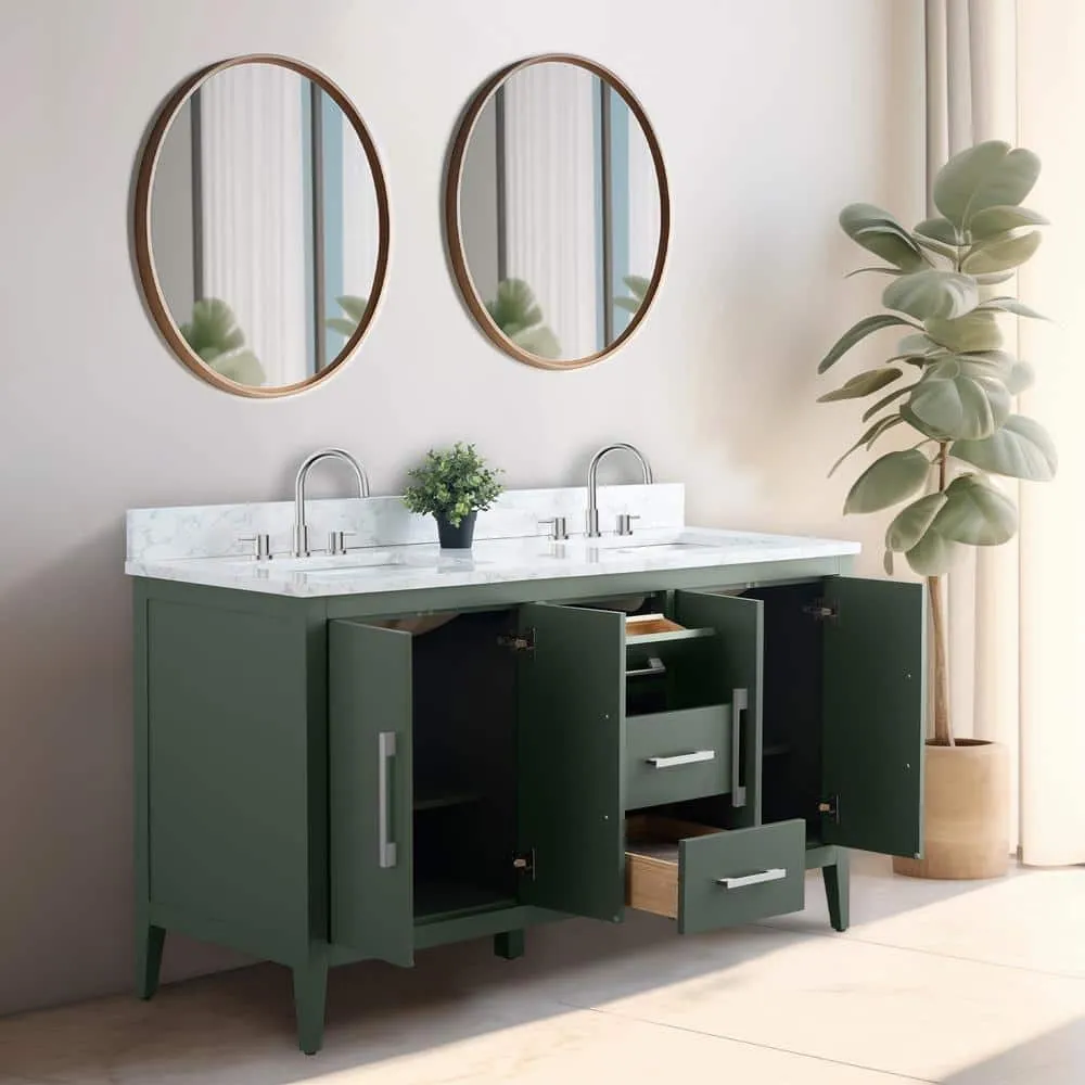 Vanity Art 60 in. W x 22 in. D x 34 in. H Double Sink Bathroom Vanity Cabinet in Vintage Green with Engineered Marble Top in White, photo 13 of 13