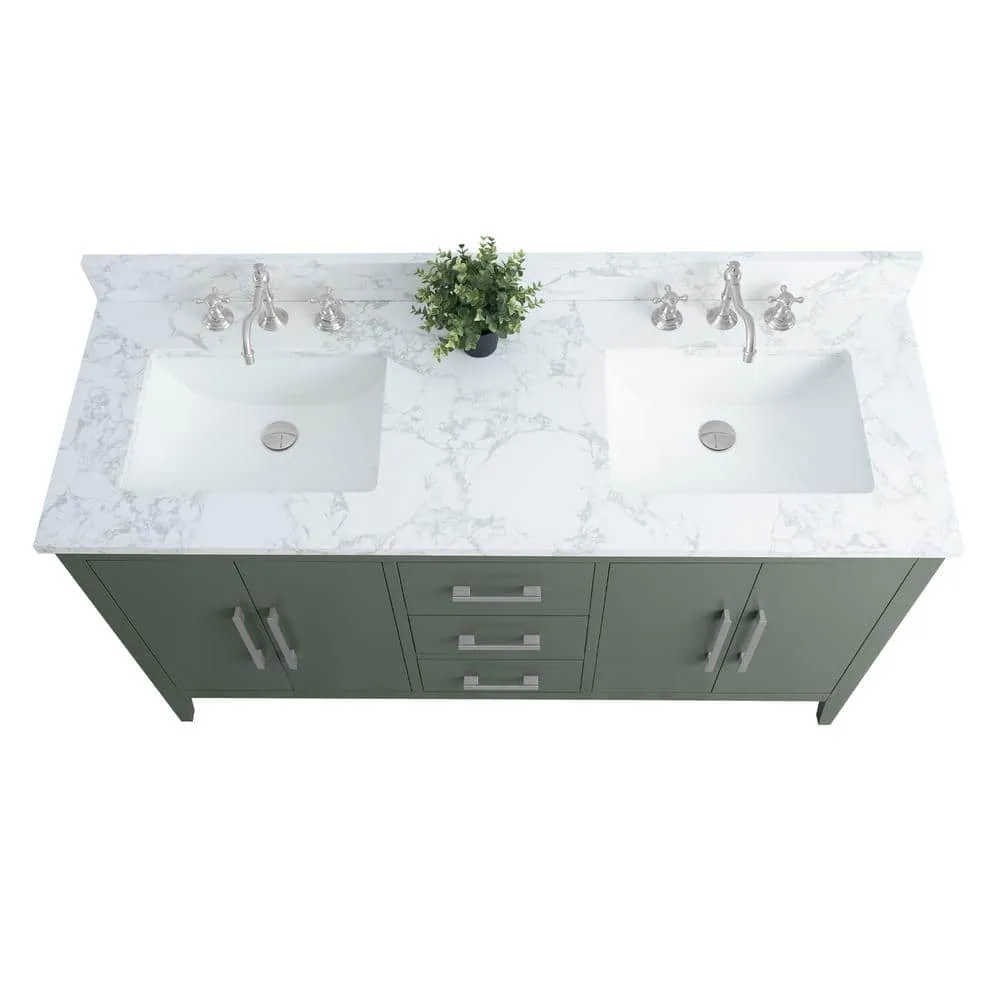 Vanity Art 60 in. W x 22 in. D x 34 in. H Double Sink Bathroom Vanity Cabinet in Vintage Green with Engineered Marble Top in White, photo 3 of 13