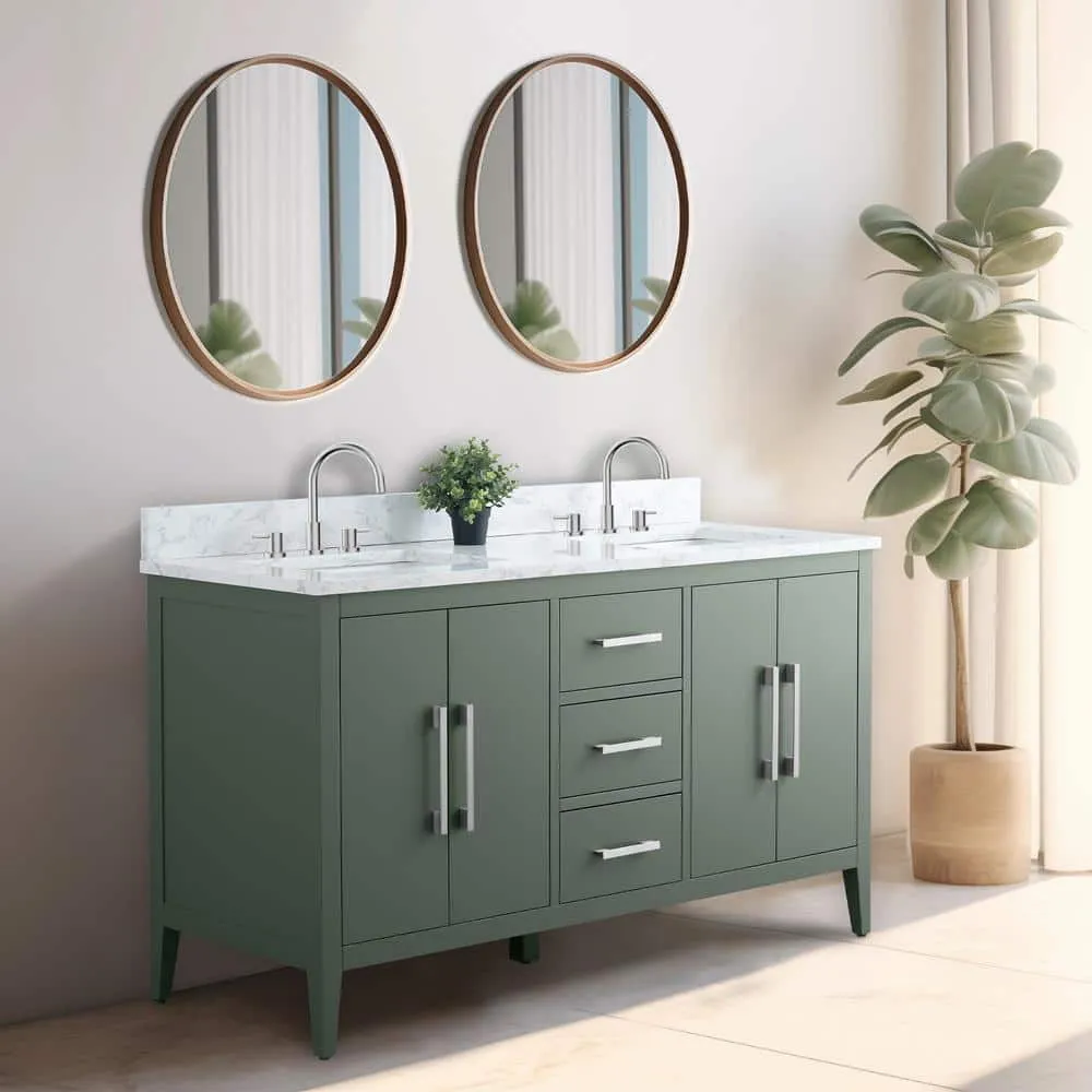 Vanity Art 60 in. W x 22 in. D x 34 in. H Double Sink Bathroom Vanity Cabinet in Vintage Green with Engineered Marble Top in White, photo 7 of 13
