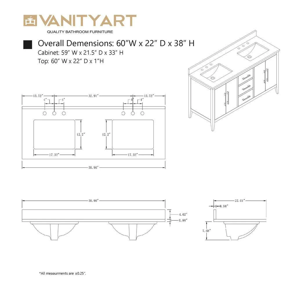 Vanity Art 60 in. W x 22 in. D x 34 in. H Double Sink Bathroom Vanity Cabinet in Vintage Green with Engineered Marble Top in White, photo 11 of 13