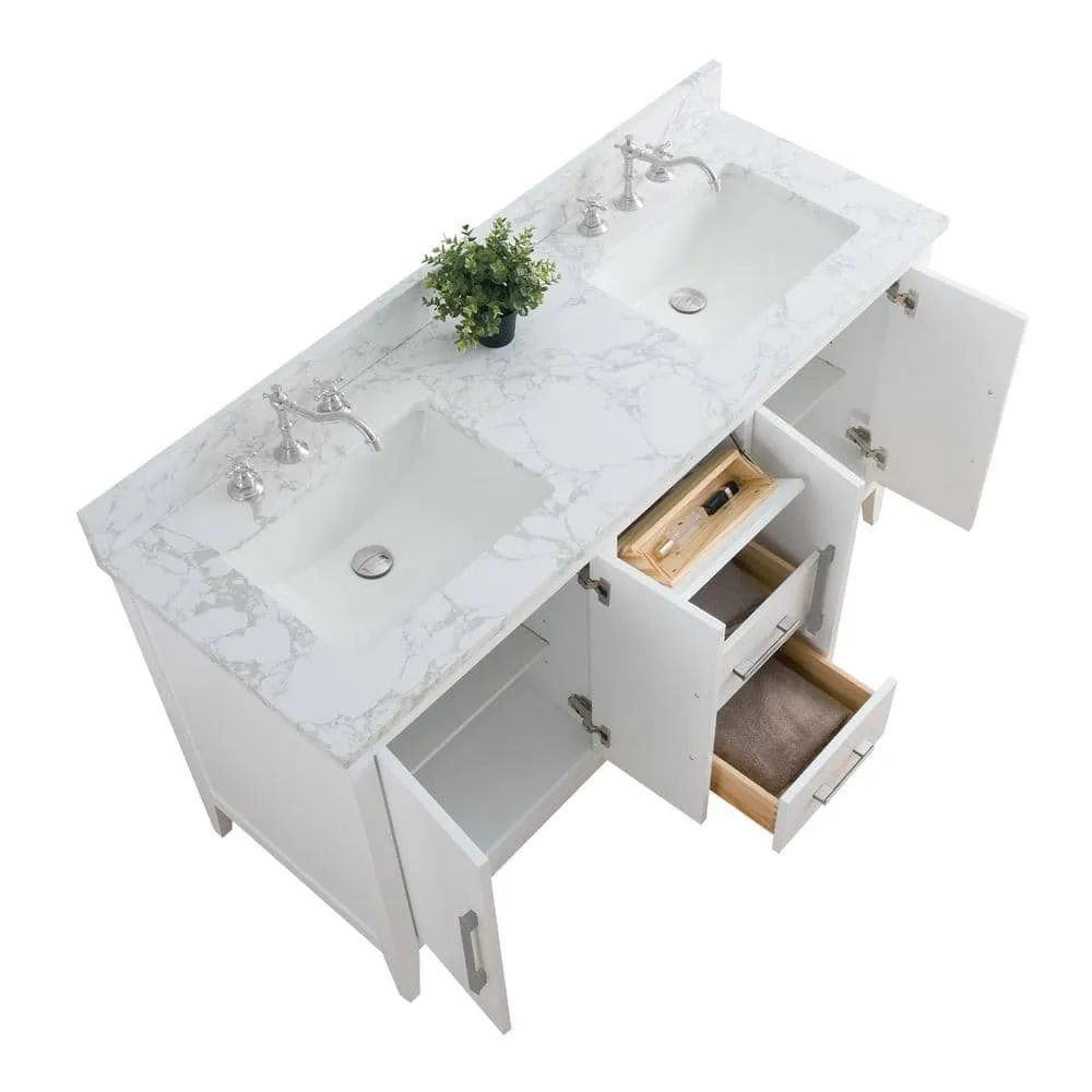 Vanity Art 60 in. W x 22 in. D x 34 in. H Double Sink Bathroom Vanity Cabinet in White with Engineered Marble Top in White, photo 10 of 14