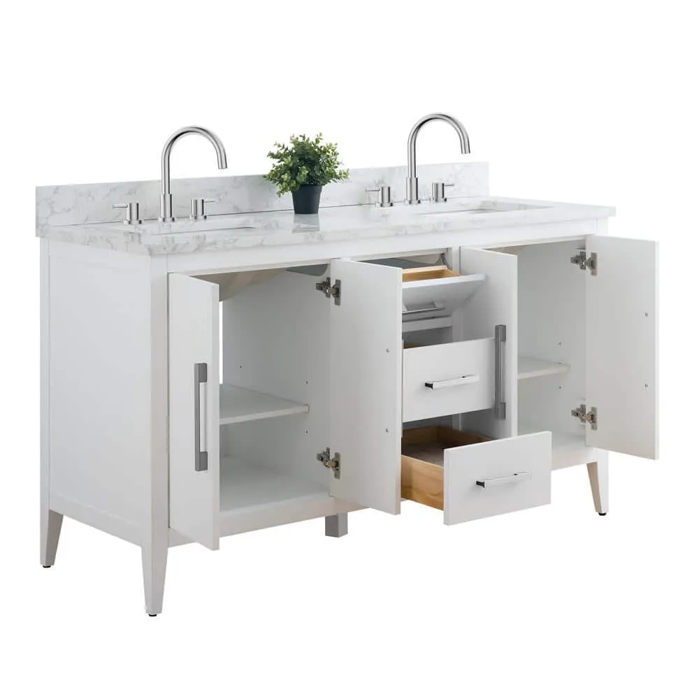 Vanity Art 60 in. W x 22 in. D x 34 in. H Double Sink Bathroom Vanity Cabinet in White with Engineered Marble Top in White, photo 9 of 14