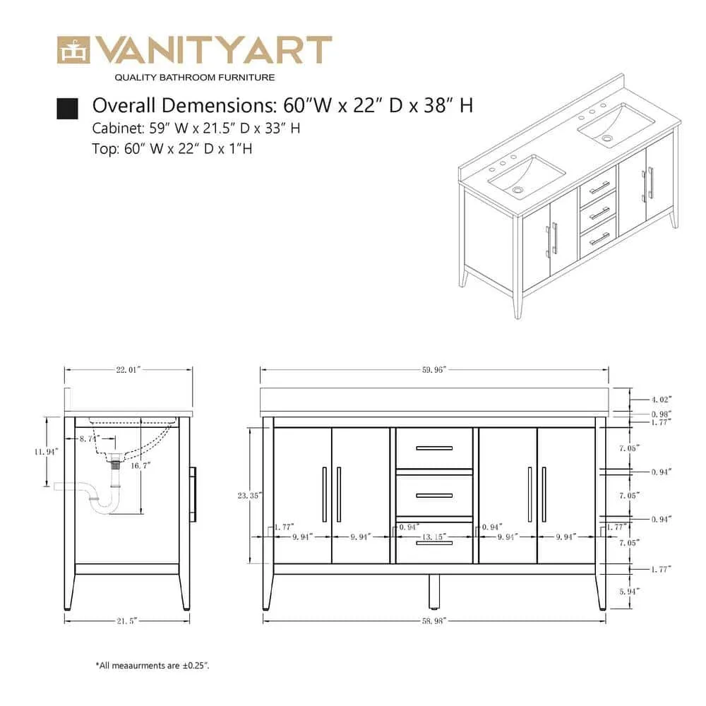 Vanity Art 60 in. W x 22 in. D x 34 in. H Double Sink Bathroom Vanity Cabinet in White with Engineered Marble Top in White, photo 13 of 14