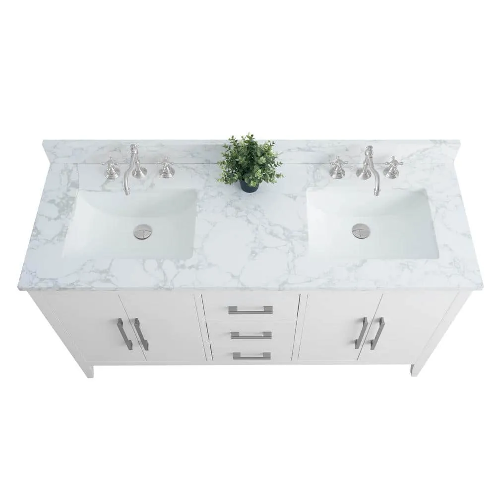 Vanity Art 60 in. W x 22 in. D x 34 in. H Double Sink Bathroom Vanity Cabinet in White with Engineered Marble Top in White, photo 4 of 14