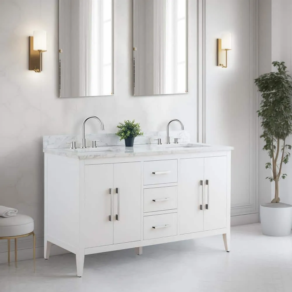 Vanity Art 60 in. W x 22 in. D x 34 in. H Double Sink Bathroom Vanity Cabinet in White with Engineered Marble Top in White, photo 8 of 14