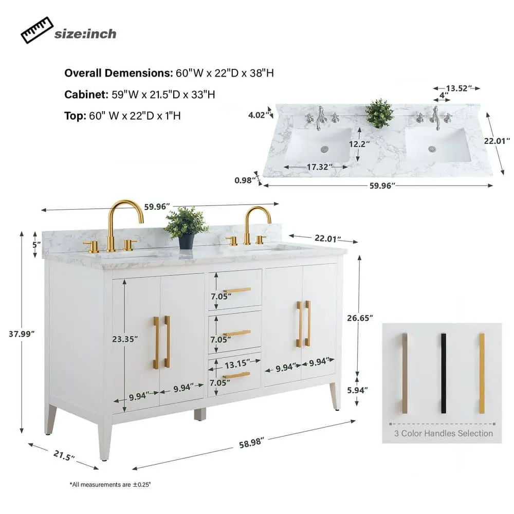 Vanity Art 60 in. W x 22 in. D x 34 in. H Double Sink Bathroom Vanity Cabinet in White with Engineered Marble Top in White, photo 8 of 9