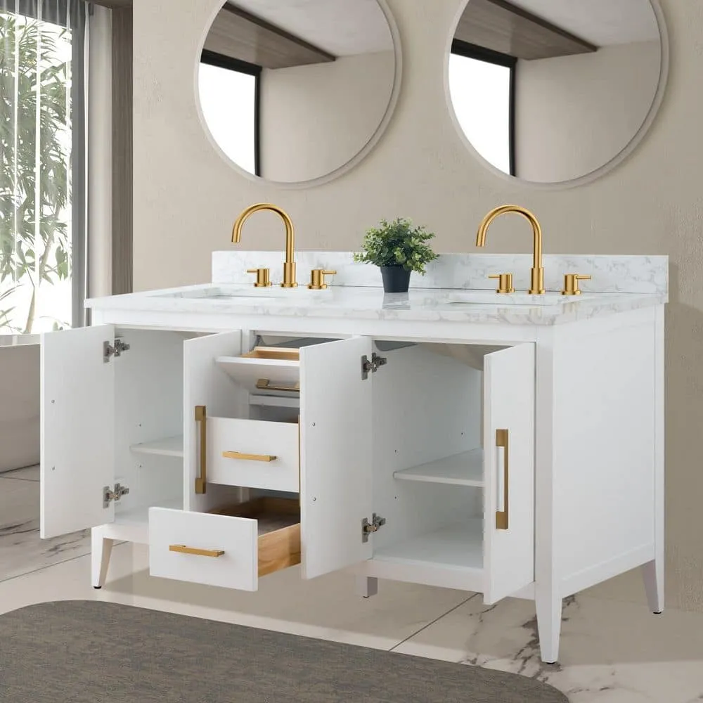 Vanity Art 60 in. W x 22 in. D x 34 in. H Double Sink Bathroom Vanity Cabinet in White with Engineered Marble Top in White, photo 4 of 9