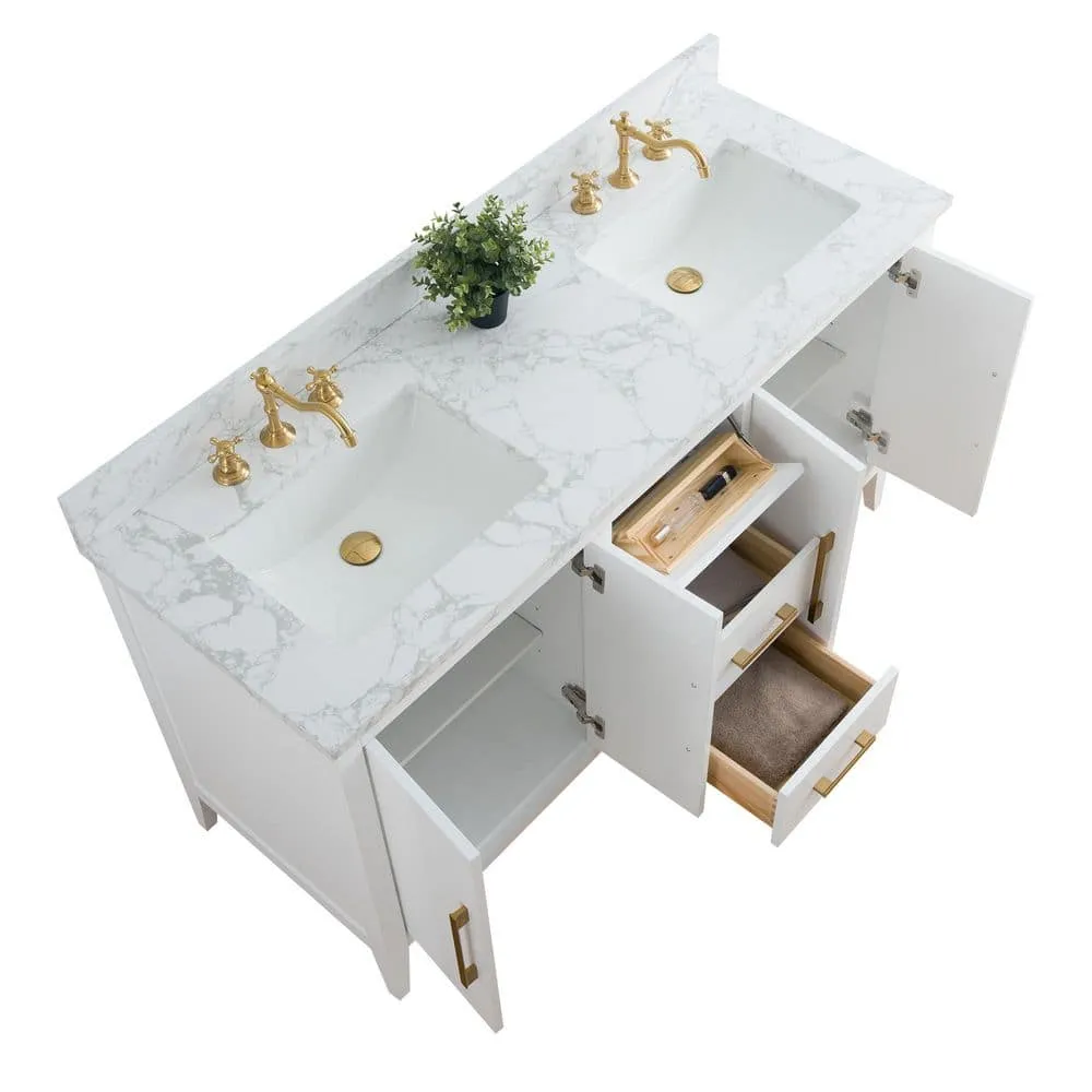 Vanity Art 60 in. W x 22 in. D x 34 in. H Double Sink Bathroom Vanity Cabinet in White with Engineered Marble Top in White, photo 9 of 9