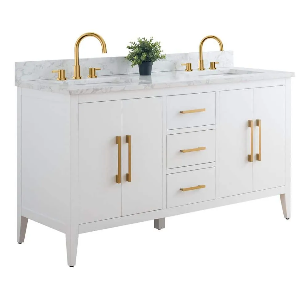 Vanity Art 60 in. W x 22 in. D x 34 in. H Double Sink Bathroom Vanity Cabinet in White with Engineered Marble Top in White, photo 7 of 9