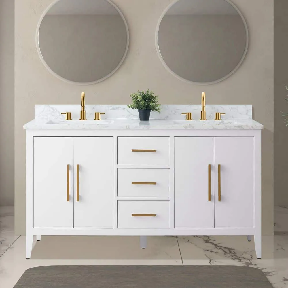 Vanity Art 60 in. W x 22 in. D x 34 in. H Double Sink Bathroom Vanity Cabinet in White with Engineered Marble Top in White, photo 2 of 9