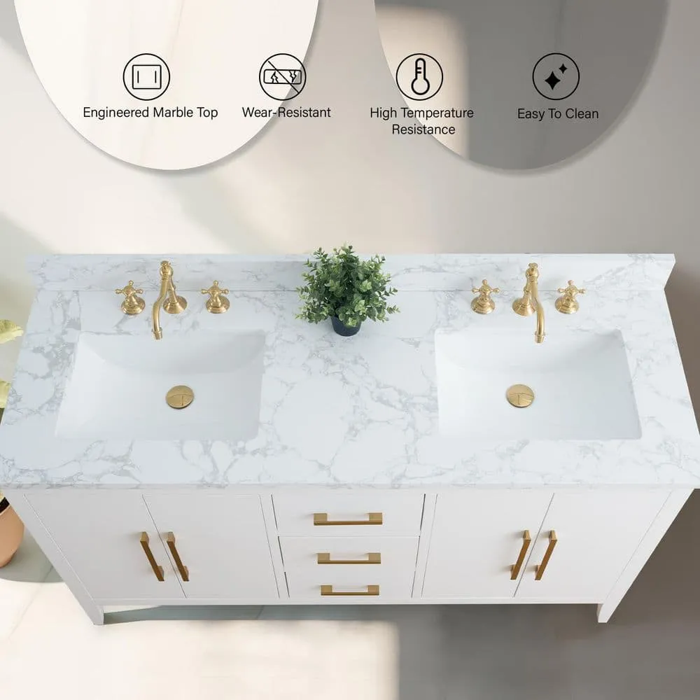 Vanity Art 60 in. W x 22 in. D x 34 in. H Double Sink Bathroom Vanity Cabinet in White with Engineered Marble Top in White, photo 5 of 9