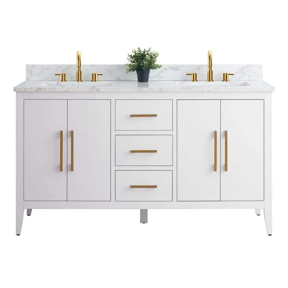 Vanity Art 60 in. W x 22 in. D x 34 in. H Double Sink Bathroom Vanity Cabinet in White with Engineered Marble Top in White, photo 6 of 9