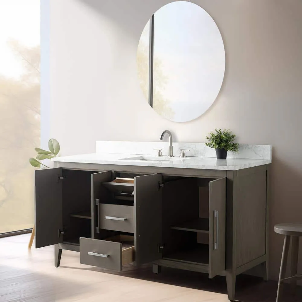 Vanity Art 60 in. W. x 22 in. D x 34 in. H Single Sink Bathroom Vanity Cabinet Driftwood Gray with Engineered Marble Top in White, photo 7 of 11