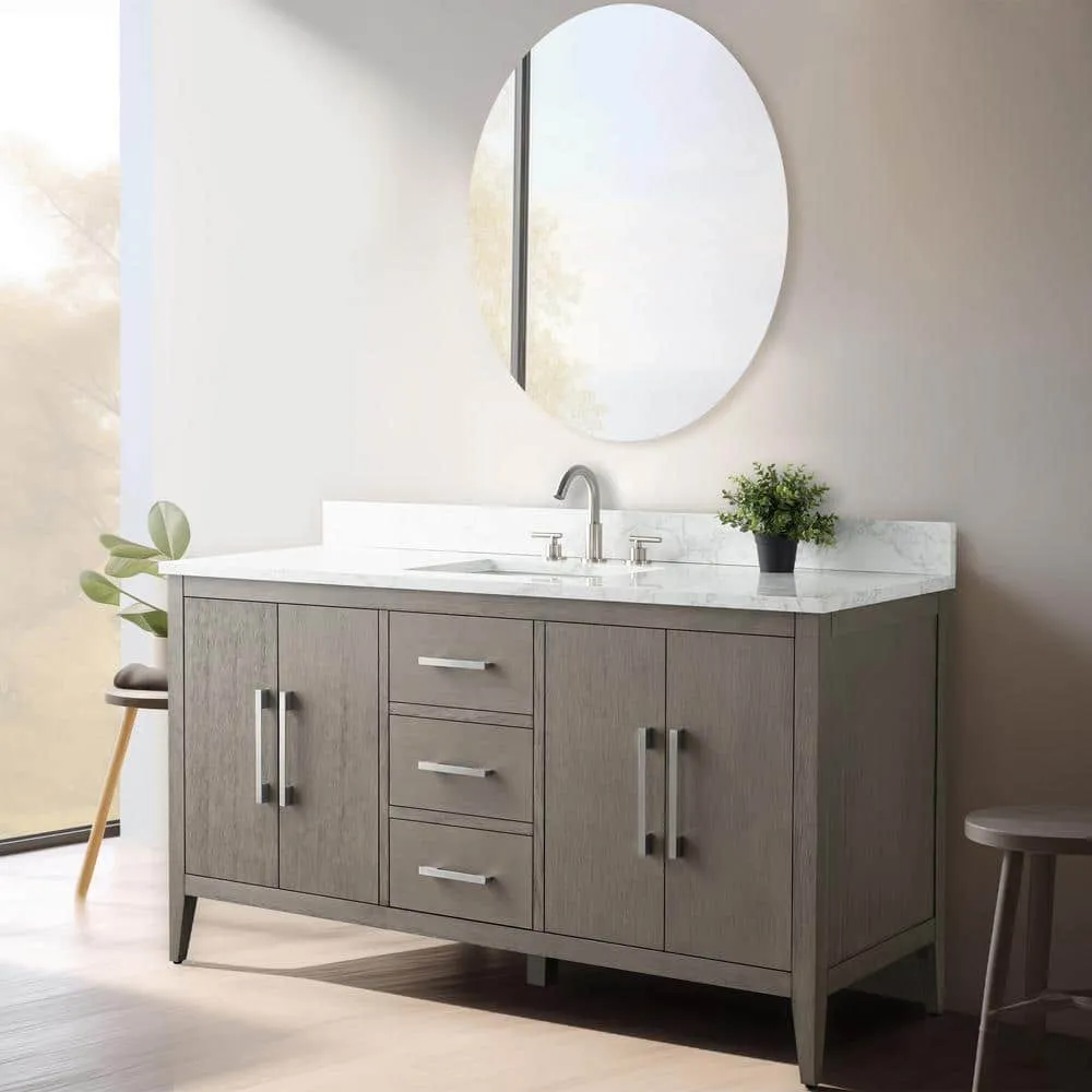 Vanity Art 60 in. W. x 22 in. D x 34 in. H Single Sink Bathroom Vanity Cabinet Driftwood Gray with Engineered Marble Top in White, photo 6 of 11