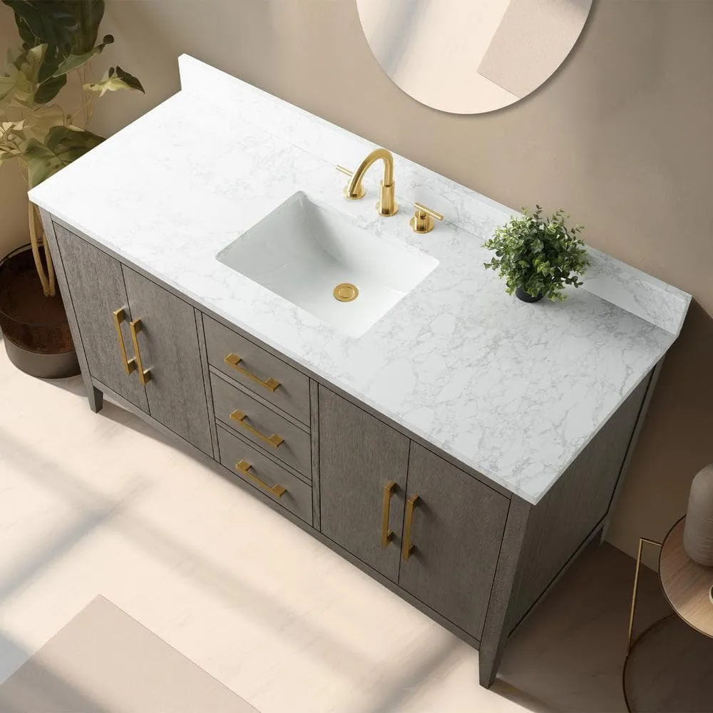 Vanity Art 60 in. W x 22 in. D x 34 in. H Single-Sink Bath Vanity in Driftwood Gray with Engineered Marble Top in Arabescato White, photo 9 of 12
