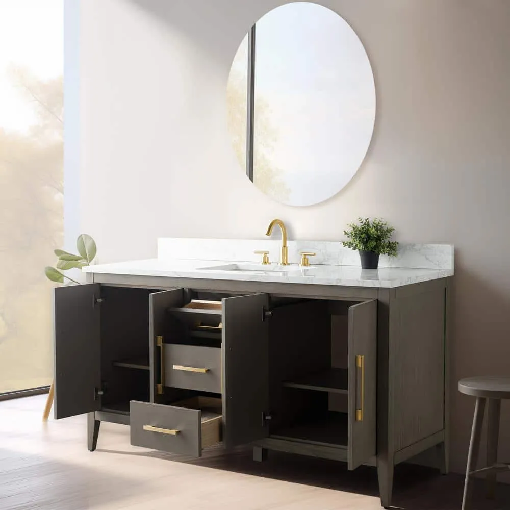 Vanity Art 60 in. W x 22 in. D x 34 in. H Single-Sink Bath Vanity in Driftwood Gray with Engineered Marble Top in Arabescato White, photo 8 of 12