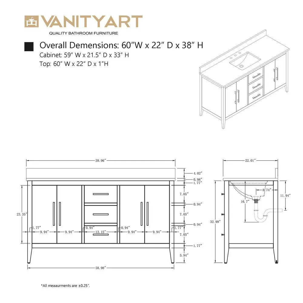 Vanity Art 60 in. W x 22 in. D x 34 in. H Single-Sink Bath Vanity in Driftwood Gray with Engineered Marble Top in Arabescato White, photo 12 of 12