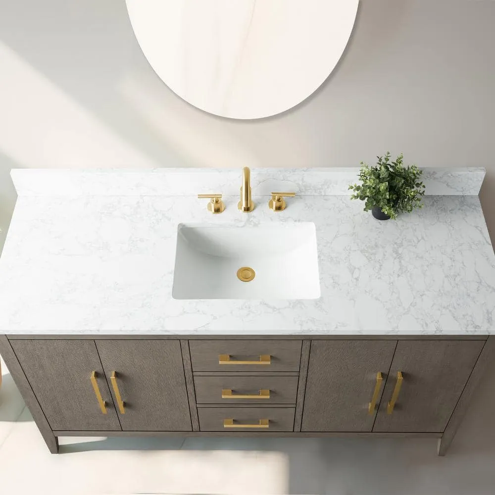 Vanity Art 60 in. W x 22 in. D x 34 in. H Single-Sink Bath Vanity in Driftwood Gray with Engineered Marble Top in Arabescato White, photo 3 of 12