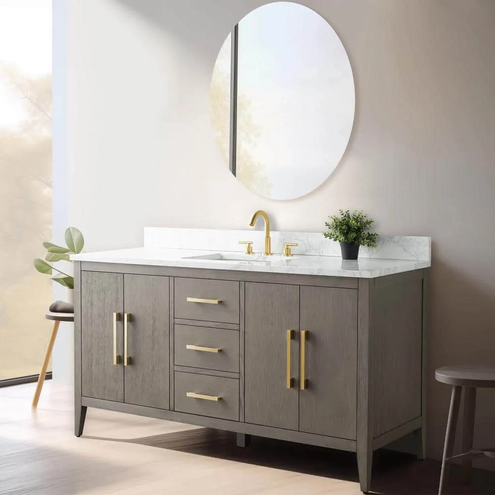 Vanity Art 60 in. W x 22 in. D x 34 in. H Single-Sink Bath Vanity in Driftwood Gray with Engineered Marble Top in Arabescato White, photo 7 of 12