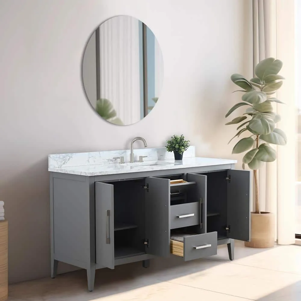 Vanity Art 60 in. W x 22 in. D x 34 in. H Single Sink Bathroom Vanity Cabinet in Cashmere Gray with Engineered Marble Top in White, photo 8 of 9