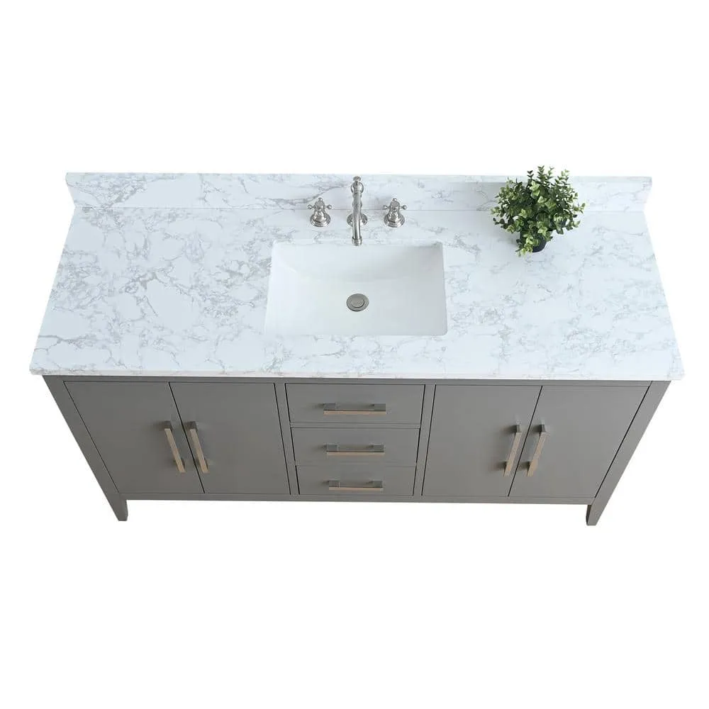 Vanity Art 60 in. W x 22 in. D x 34 in. H Single Sink Bathroom Vanity Cabinet in Cashmere Gray with Engineered Marble Top in White, photo 3 of 8
