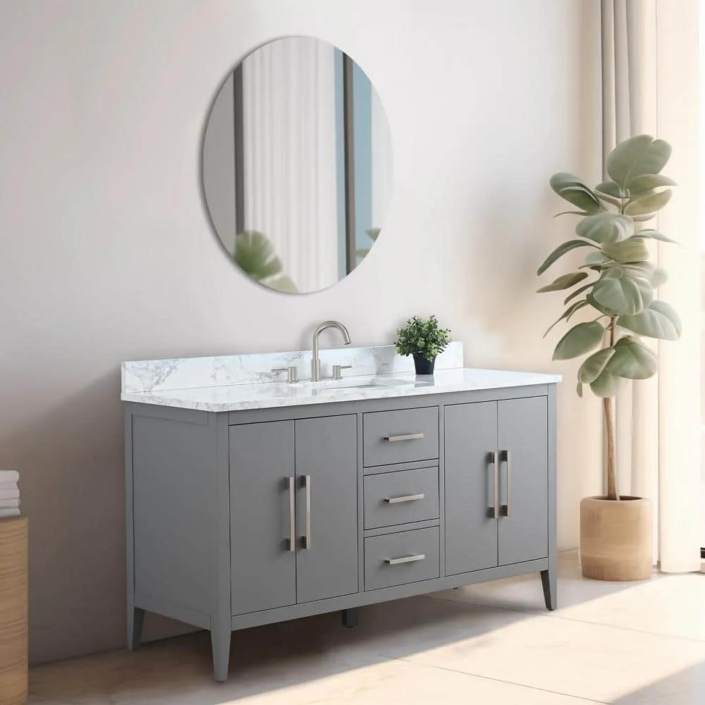 Vanity Art 60 in. W x 22 in. D x 34 in. H Single Sink Bathroom Vanity Cabinet in Cashmere Gray with Engineered Marble Top in White, photo 7 of 9
