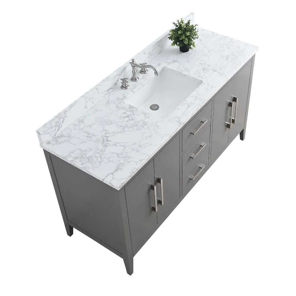 Vanity Art 60 in. W x 22 in. D x 34 in. H Single Sink Bathroom Vanity Cabinet in Cashmere Gray with Engineered Marble Top in White, photo 3 of 9