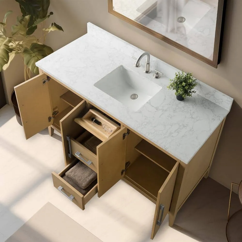 Vanity Art 60 in. W x 22 in. D x 34 in. H Single Sink Bathroom Vanity Cabinet in Natural Oak with Engineered Marble Top, photo 9 of 12