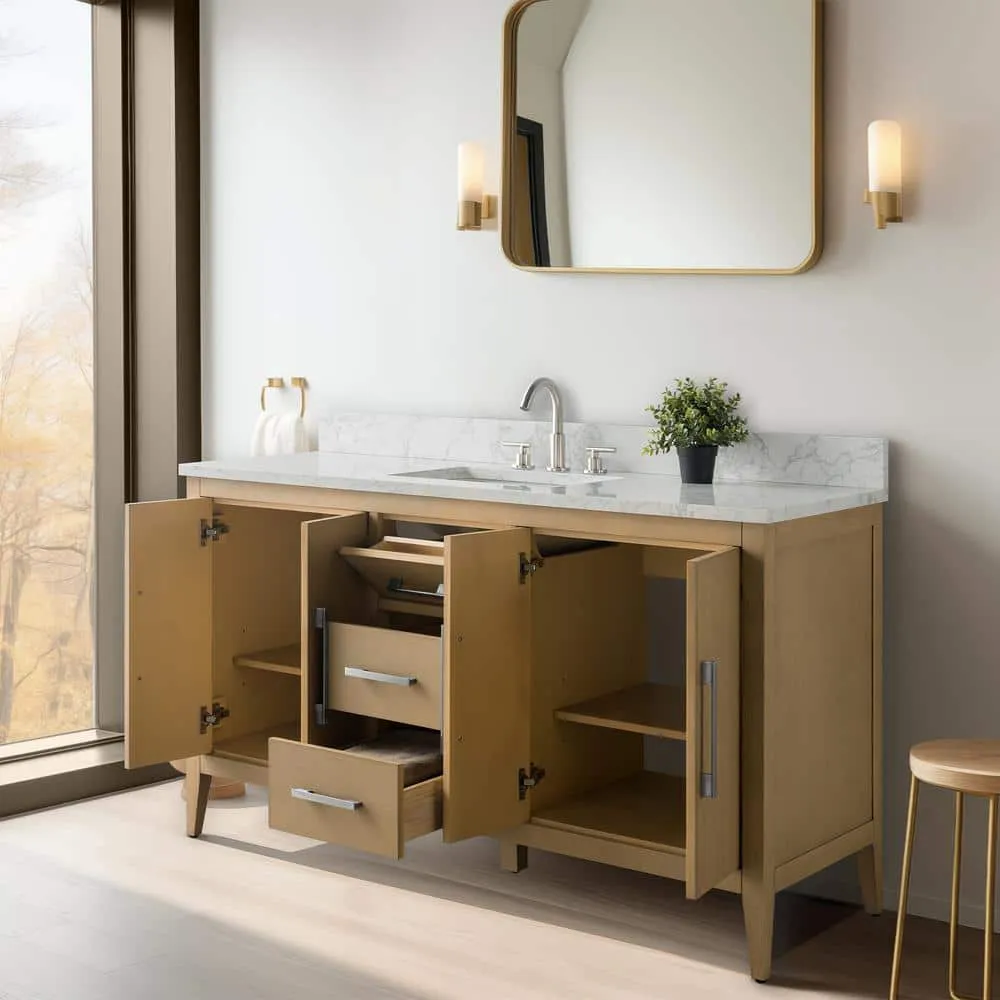 Vanity Art 60 in. W x 22 in. D x 34 in. H Single Sink Bathroom Vanity Cabinet in Natural Oak with Engineered Marble Top, photo 8 of 12
