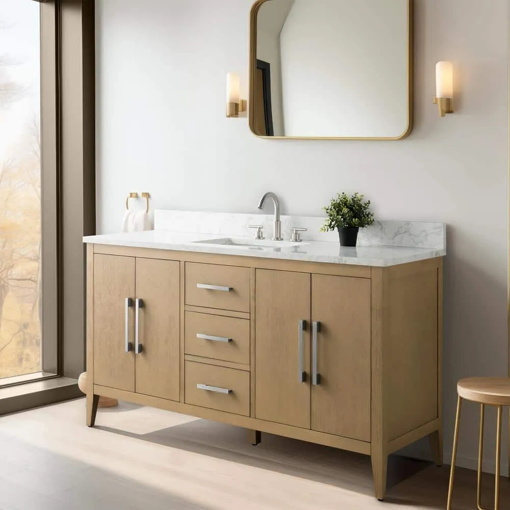 Vanity Art 60 in. W x 22 in. D x 34 in. H Single Sink Bathroom Vanity Cabinet in Natural Oak with Engineered Marble Top, photo 7 of 12