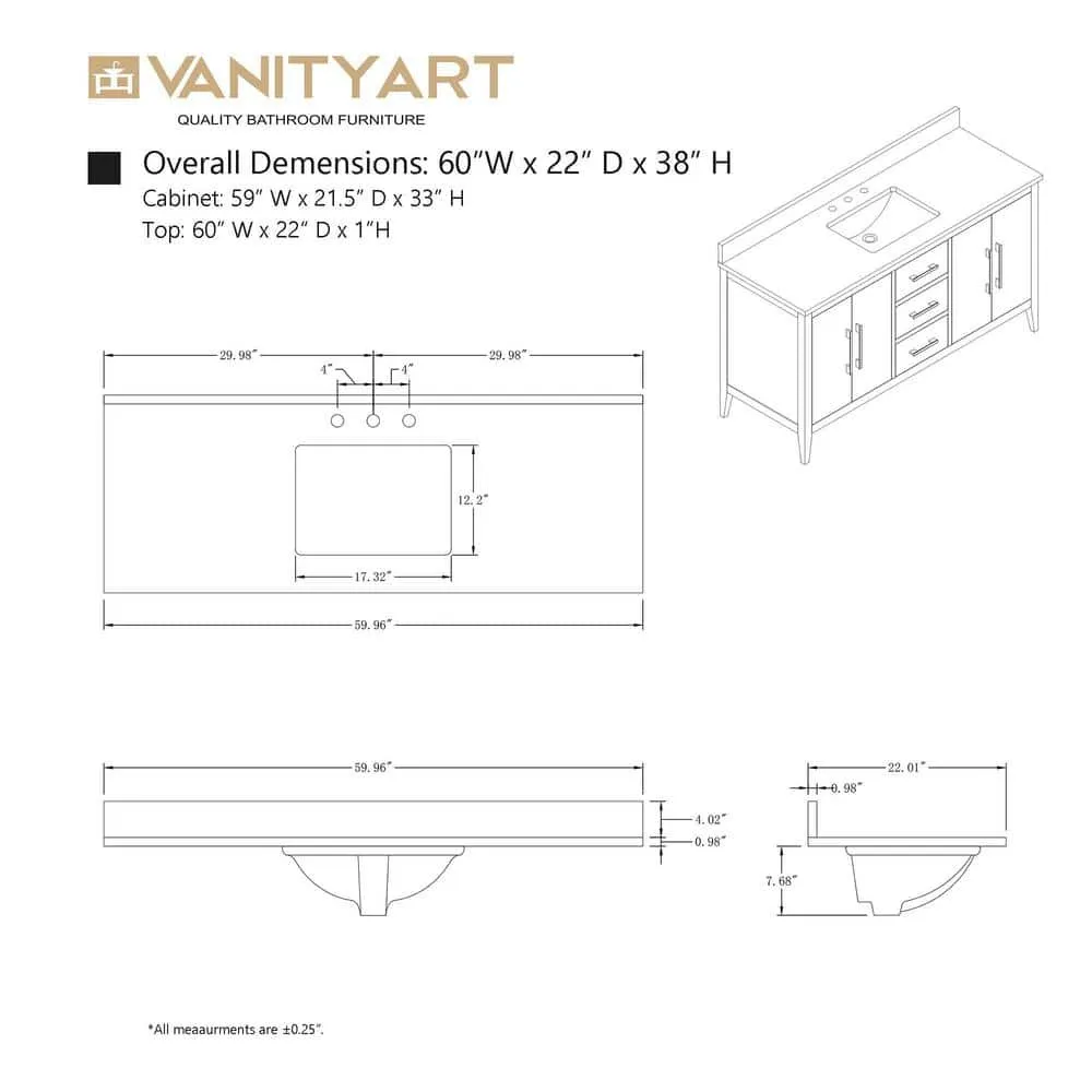 Vanity Art 60 in. W x 22 in. D x 34 in. H Single Sink Bathroom Vanity Cabinet in Natural Oak with Engineered Marble Top, photo 11 of 12