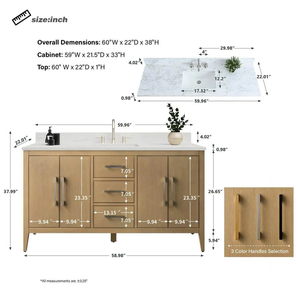 Vanity Art 60 in. W x 22 in. D x 34 in. H Single-Sink Bathroom Vanity in Natural Oak with Engineered Marble Top in Arabescato White, photo 8 of 9