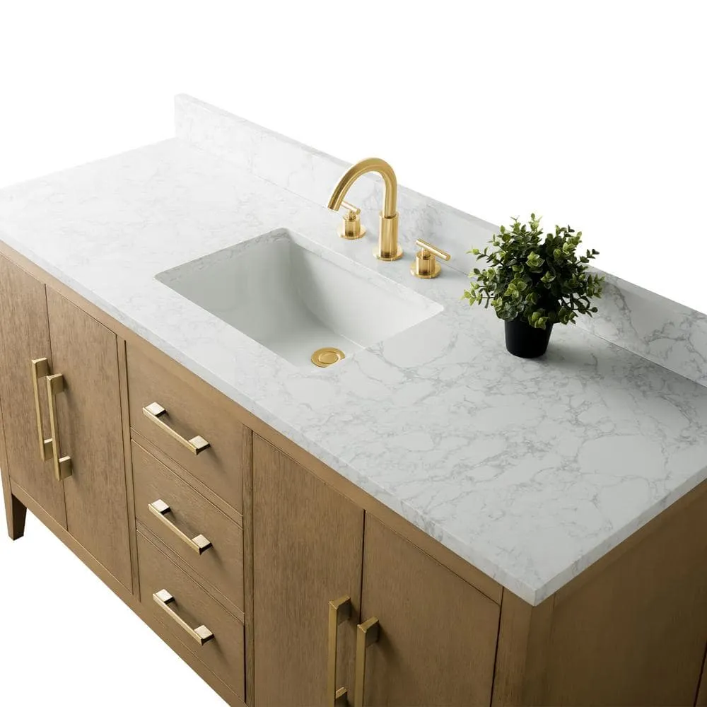 Vanity Art 60 in. W x 22 in. D x 34 in. H Single-Sink Bathroom Vanity in Natural Oak with Engineered Marble Top in Arabescato White, photo 9 of 12
