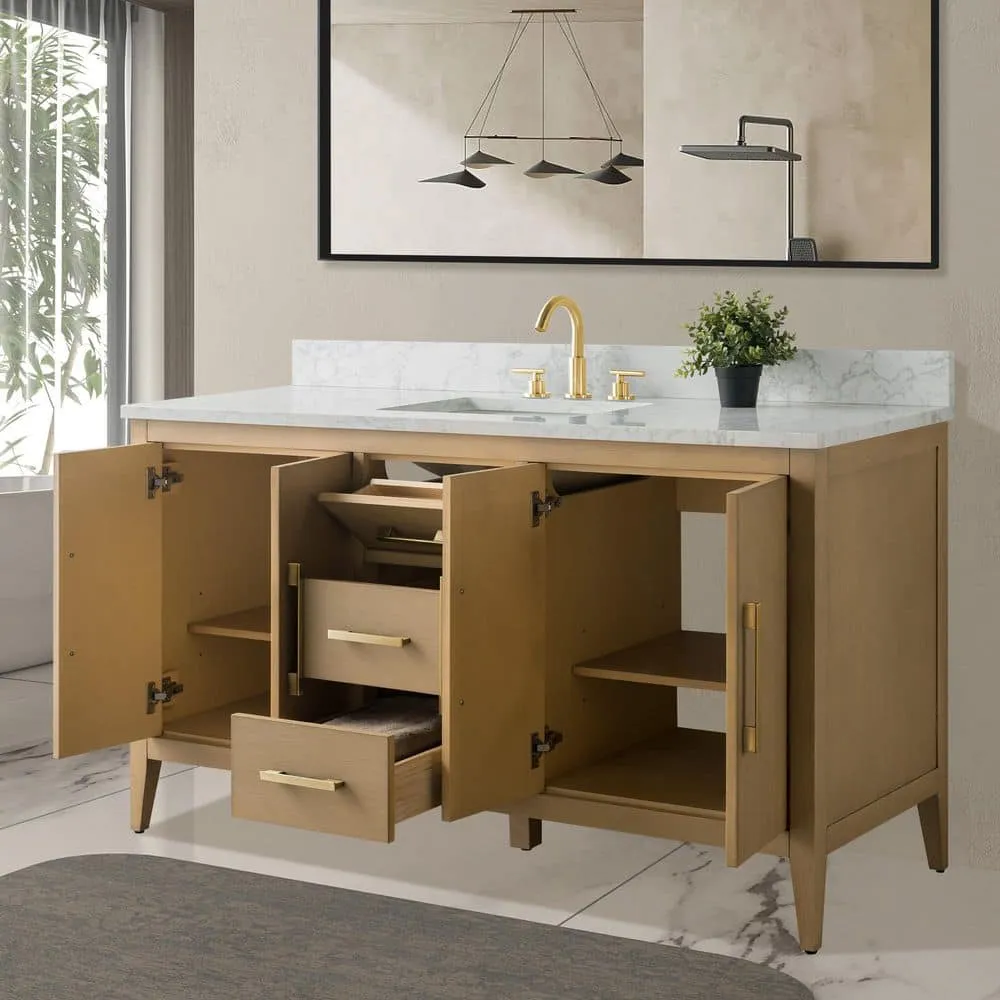 Vanity Art 60 in. W x 22 in. D x 34 in. H Single-Sink Bathroom Vanity in Natural Oak with Engineered Marble Top in Arabescato White, photo 4 of 9