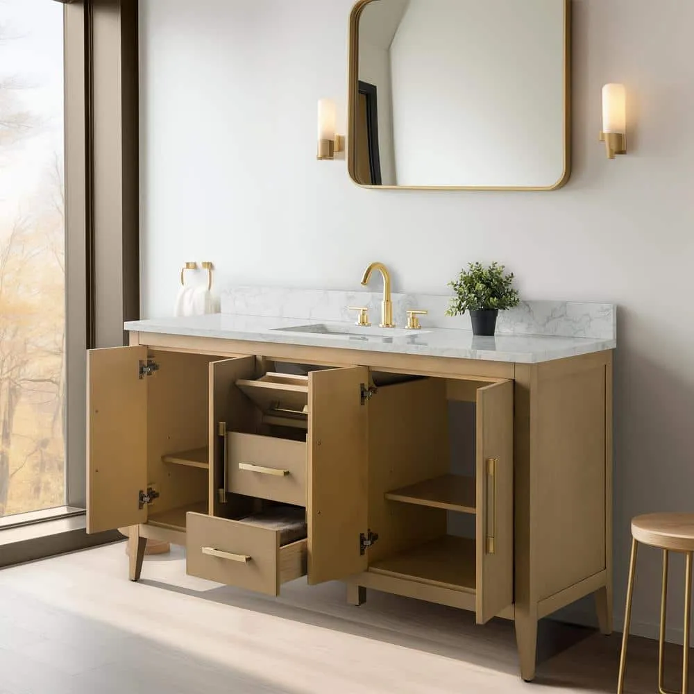 Vanity Art 60 in. W x 22 in. D x 34 in. H Single-Sink Bathroom Vanity in Natural Oak with Engineered Marble Top in Arabescato White, photo 8 of 12