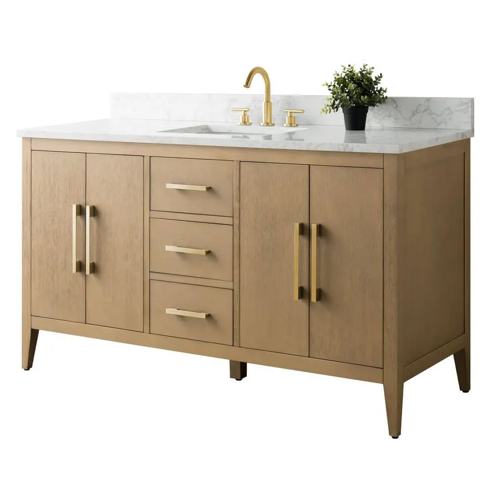 Vanity Art 60 in. W x 22 in. D x 34 in. H Single-Sink Bathroom Vanity in Natural Oak with Engineered Marble Top in Arabescato White, photo 7 of 9