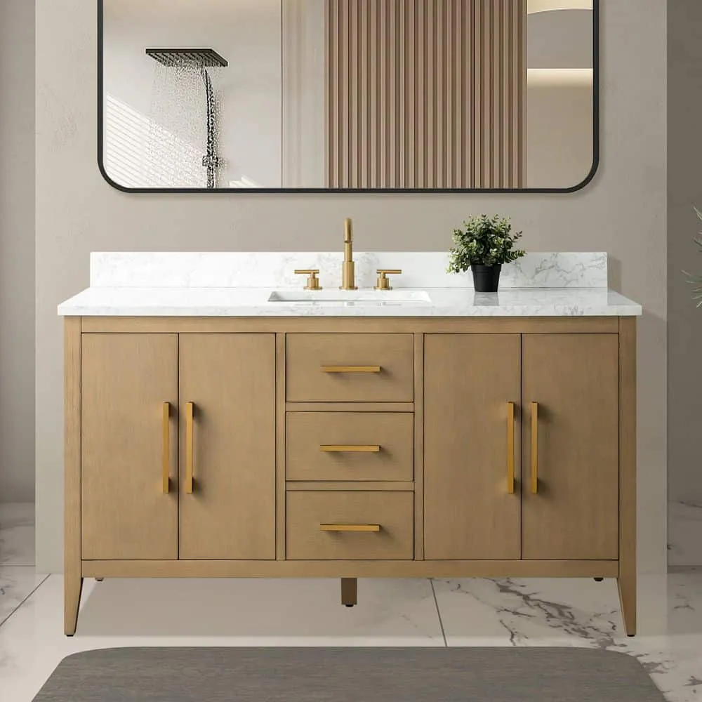 Vanity Art 60 in. W x 22 in. D x 34 in. H Single-Sink Bathroom Vanity in Natural Oak with Engineered Marble Top in Arabescato White, photo 2 of 9