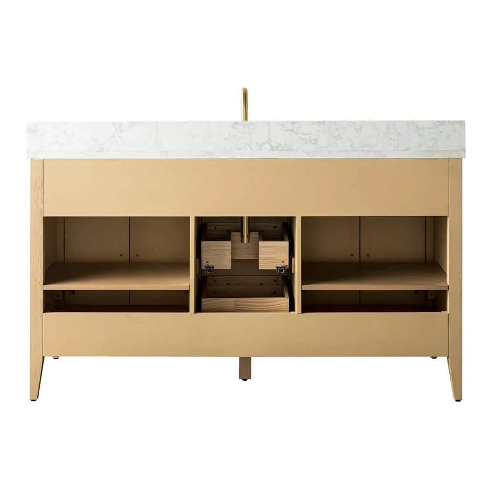 Vanity Art 60 in. W x 22 in. D x 34 in. H Single-Sink Bathroom Vanity in Natural Oak with Engineered Marble Top in Arabescato White, photo 5 of 12
