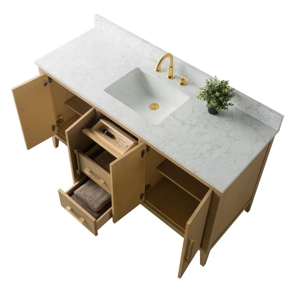 Vanity Art 60 in. W x 22 in. D x 34 in. H Single-Sink Bathroom Vanity in Natural Oak with Engineered Marble Top in Arabescato White, photo 5 of 9